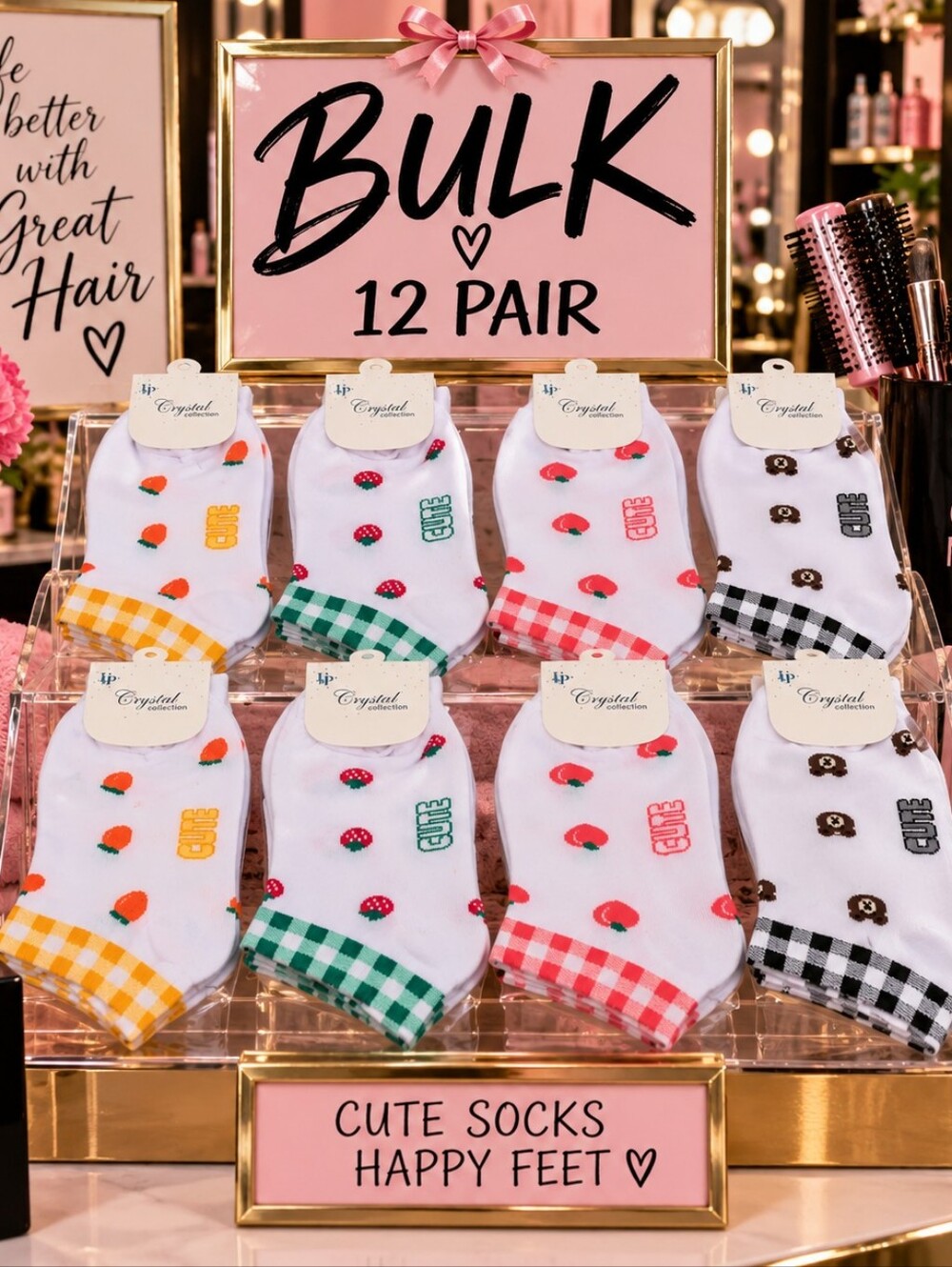 BULK 12-Pair Women's White Patterned Ankle Socks - Assorted Accent Colors